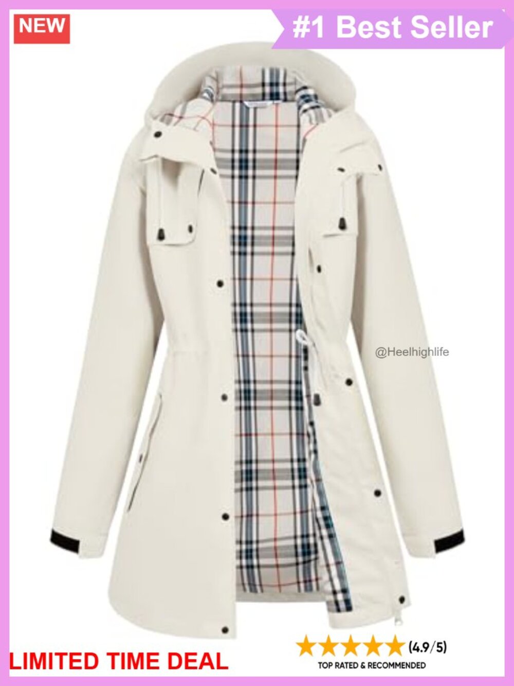 Waterproof Long Hooded Rain Jacket Lined Anorak Windproof Raincoat